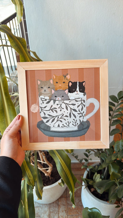 Quadro com moldura Pinus | Chá com Gatinhos